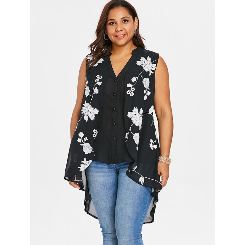 Plus Size V Neck Black & White Two Tone Blouse - Picture 3 of 8